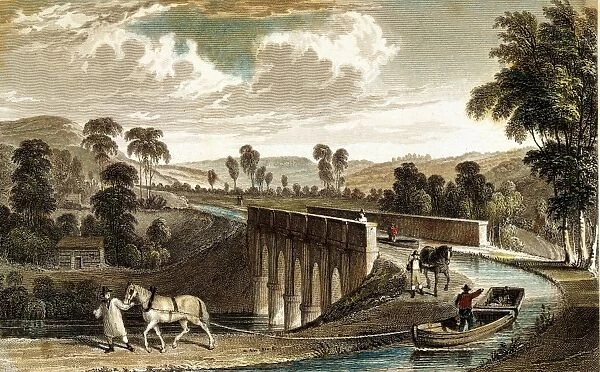 Torridge (Rolle) Canal: Rolle aqueduct near Torrington, Devon, England. Horses drawing tub boats