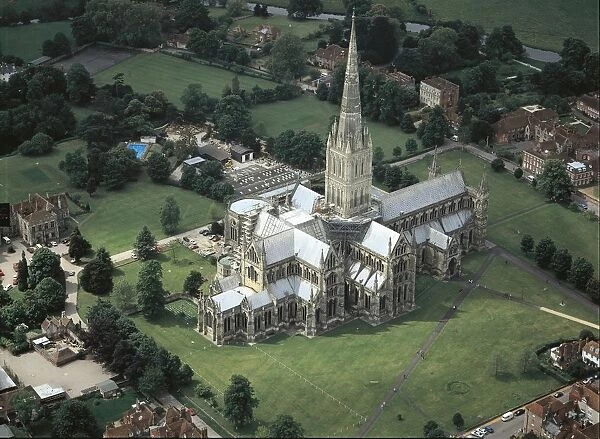 UK, England, Wiltshire, Aerial view of Salisbury Cathedral