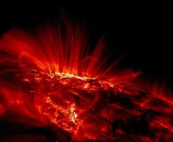 Ultraviolet image showing bright, glowing arcs of gas flowing around the sunspots