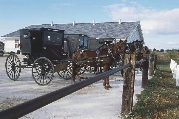 USA, Indiana, Amish horse-drawn buggies, side view