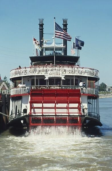 USA, New Orleans, Steamboat Natchez, a traditional paddlewheeler cruising the Mississippi River, front view