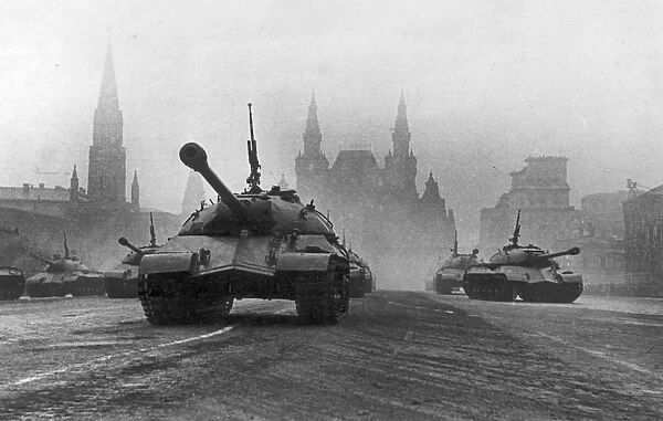 Victory day: powerful joseph stalin tanks on red square during a military parade on nov, 7, 1946