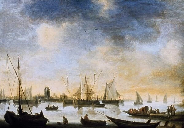 View of a River. Oil. Jean van Goyen (1596-1656) Dutch painter. Sailing