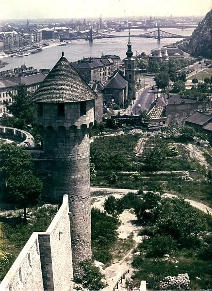 View from the royal castle of buda, in the foreground is the reconstructed bastion from the 15th century, hungary, 1950s