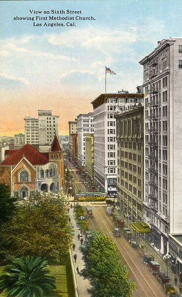 View of Sixth Street Showing First Methodist Church, los Angeles, California
