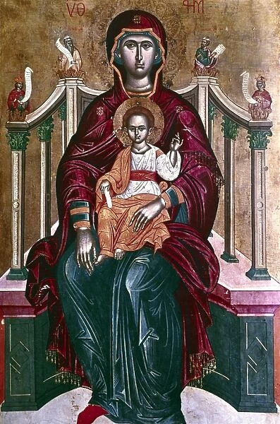 Virgin Enthroned, on her lap is the Christ Child, his hand held up in blessing