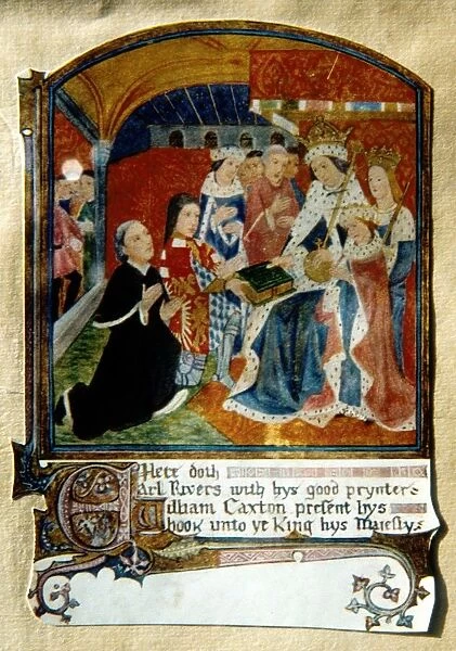 William Caxton (c1422-91) English printer, presenting to Edward IV what is considered