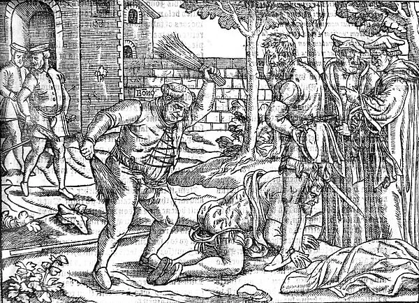 Wood cut of Bonner punishing a heretic from John Foxes book of Martyrs