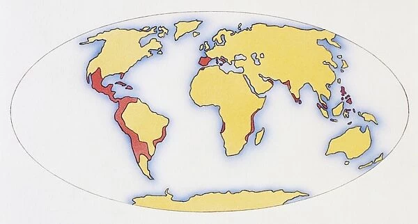 World map, red areas highlighting extent of Spanish and Portuguese Empires in 1588