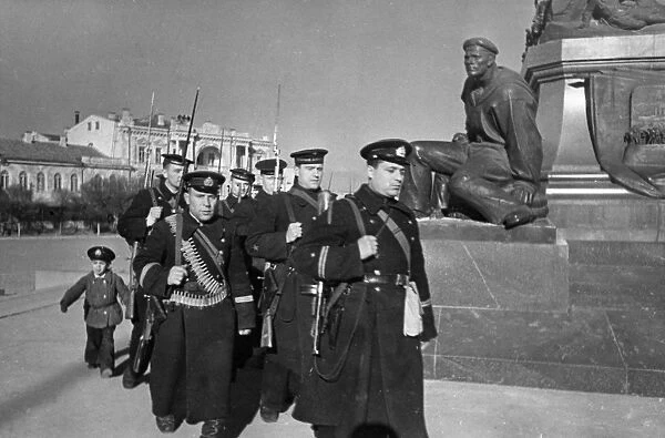 World war 2, defense of sevastopol, a little hero seeing off red navy men to the advanced lines, april 1942
