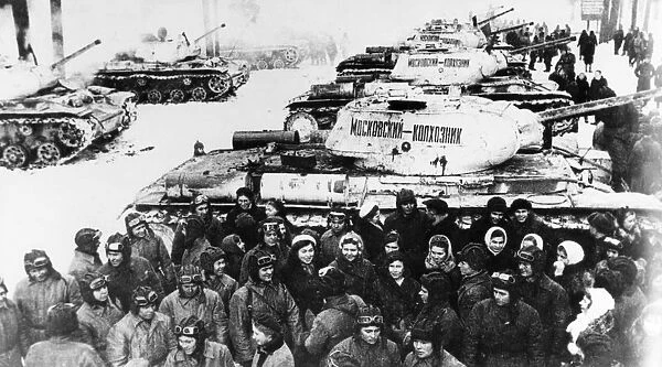 World war 2, a delegation of collective farmers from the moscow region handing over t-34 tanks to the red army that were built with their personal donations, 1942