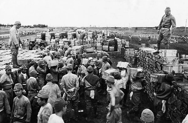 World war 2, harbin, japanese soldiers stacking ammunition to be turned over to the red army, 1945