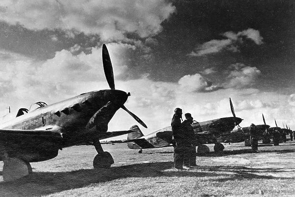 World war 2, soviet air force yakovlev yak fighters lined up on an airfield
