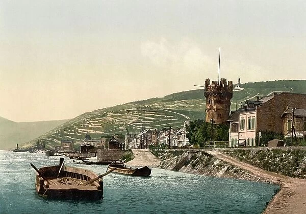 Adlerturm and Niederwald near Ruedesheim am Rhein, Hesse, Germany, Historic, digitally restored reproduction of a photochrome print from the 1890s