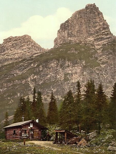 Angerhuette and Hockwanner, Hinterraintal, Upper Bavaria, Bavaria, Germany, Historic, digitally restored reproduction of a photochrome print from the 1890s