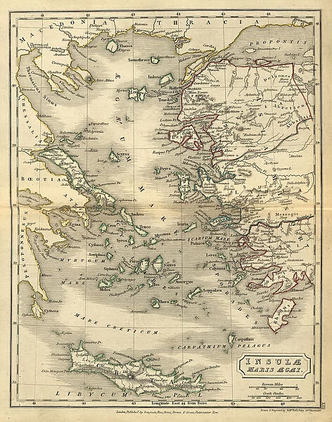 Antique map of Ancient Greece, Insulae Maris Aegaei, Islands of the Aegean Sea