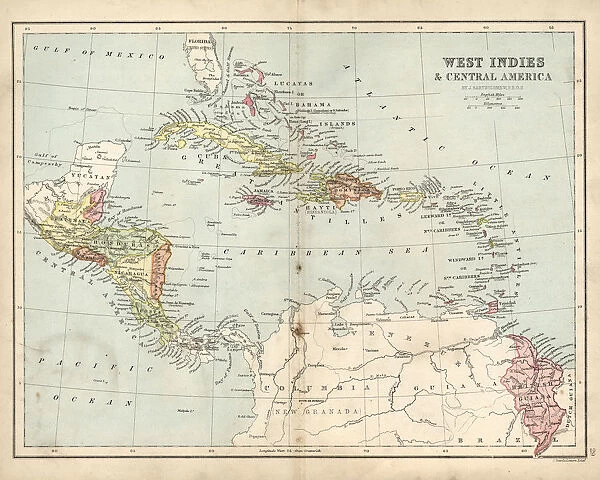 Antique map of West Indies and Central America, 19th Century