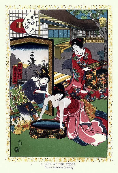 Art of Japan, Japanese lady washing, sponge bath, 19th Century