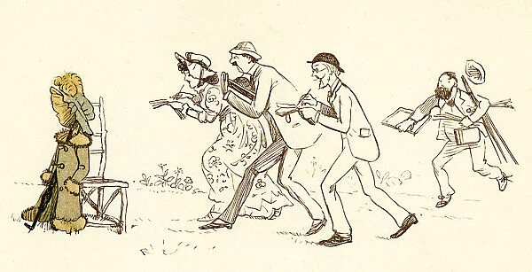 Artists. Vintage engraving from 1883 of a group of art students rushing