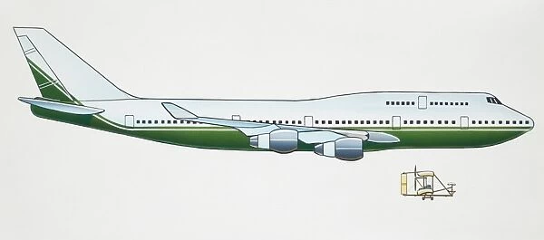 Artwork of a jet passenger plane. Also on the artwork is the Wright brothers plane