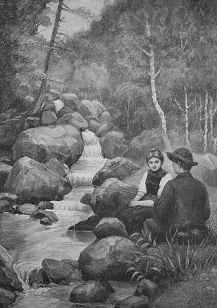 Boy and girl at the torrent fishing with a primitive rod, Germany, 1899, Historic, digital reproduction of an original 19th-century painting, original date unknown