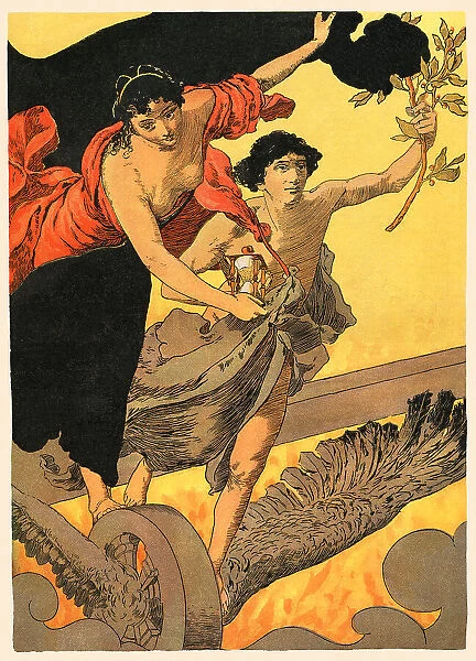 Couple flying near wheel with wings representing railroad technology art nouveau 1896