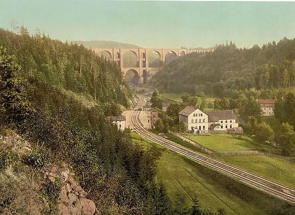 The Elster Valley Bridge near Plauen, Saxony, Germany, Historic, digitally restored reproduction of a photochromic print from the 1890s