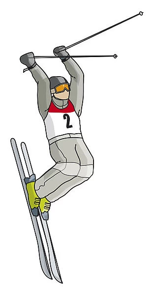 Freestyle skier in mid air, arms raised