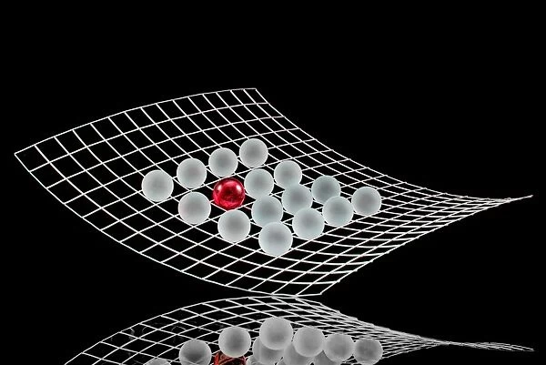 Grid with many white balls and a red ball, symbolic image for networks