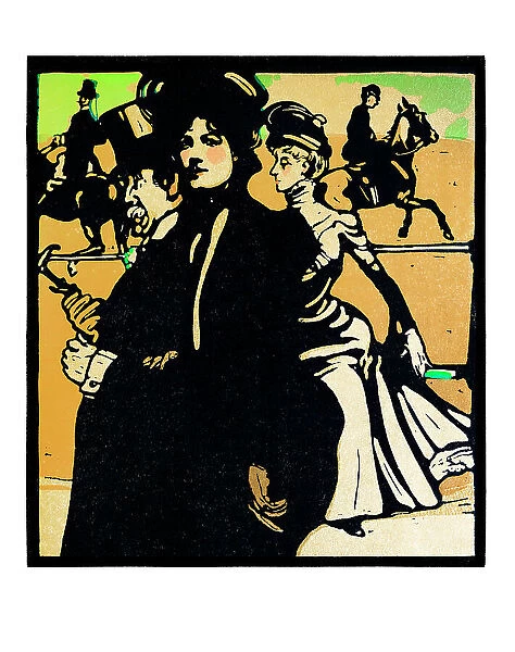 Group of people at horse racing in London art nouveau illustration 1898