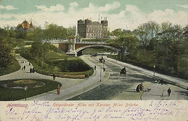 Helgolaender Allee with Kersten Miles Bridge, Hamburg, Germany, postcard with text, view around ca 1910, historical, digital reproduction of a historical postcard, public domain, from that time, exact date unknown