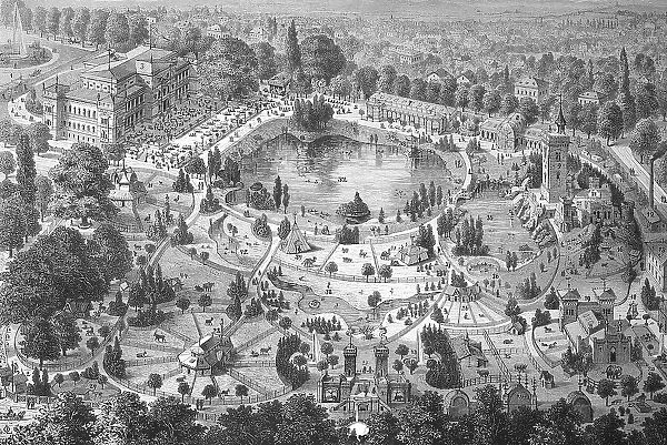 Historical illustration of the Frankfurt Zoological Garden, Frankfurt Zoo, Germany, Historical, digitally restored reproduction of an original 19th century artwork, exact original date unknown