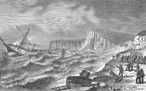 Historical illustration of the rescue of shipwrecked people, Germany, Historical, digitally restored reproduction of an original artwork from the 19th century, exact original date unknown