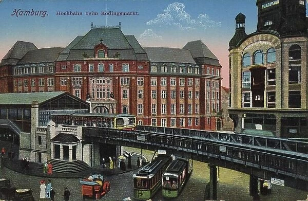 Hochbahn beim Roedlingsmarkt, Hamburg, Germany, postcard with text, view around ca 1910, historical, digital reproduction of a historical postcard, public domain, from that time, exact date unknown