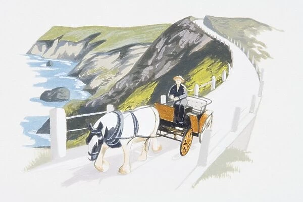 Illustration of horse and cart on coastal road above cliffs