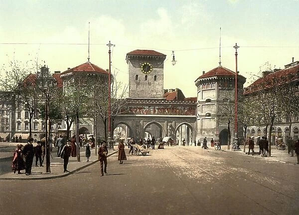 The Isartor in Munich, Bavaria, Germany, Historic, digitally restored reproduction of a photochromic print from the 1890s