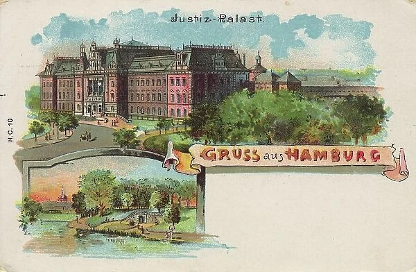 Justiz Palast, Hamburg, Germany, postcard with text, view circa 1910, historical, digital reproduction of a historical postcard, public domain, from that time, exact date unknown
