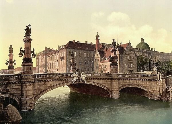 The Kaiser Wilhelm Bridge in Berlin, Germany, Historic, digitally restored reproduction of a photochrome print from the 1890s