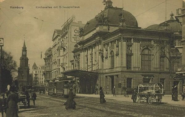 Kirchenallee with theatre, Hamburg, Germany, postcard with text, view around ca 1910, historical, digital reproduction of a historical postcard, public domain, from that time, exact date unknown