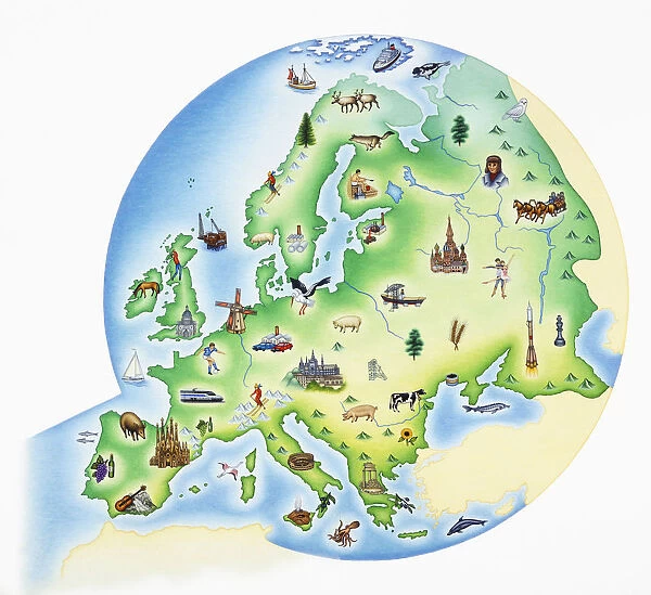 Map of Europe with illustrations of famous landmarks and items associated with various countries
