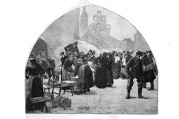 Market scene in Stolp in 1880, today Slupsk Poland, digitally restored reproduction of an original 19th century painting, exact original date not known, Germany