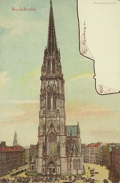 Nicolaikirche, Hamburg, Germany, postcard with text, view around ca 1910, historical, digital reproduction of a historical postcard, public domain, from that time, exact date unknown