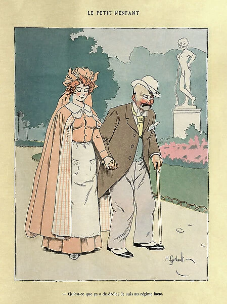 Nurse helping an old man walking in the park, Vintage French cartoon