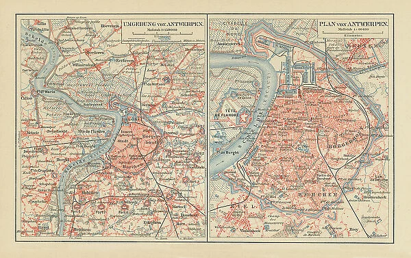 Old chromolithograph map of Antwerp, largest city in Belgium, capital of Antwerp Province in the Flemish Region