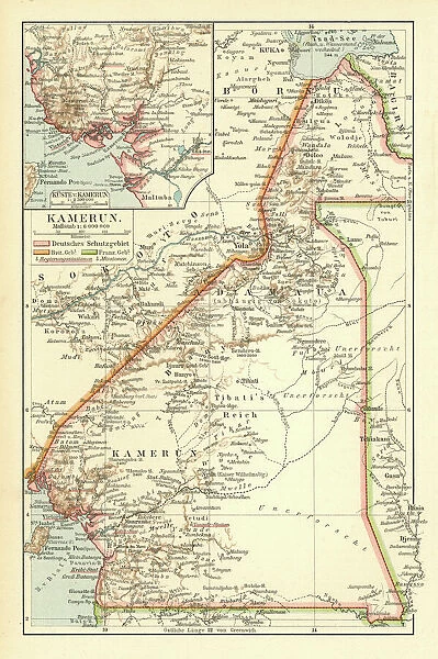 Old chromolithograph map of Cameroon, country in west-central Africa