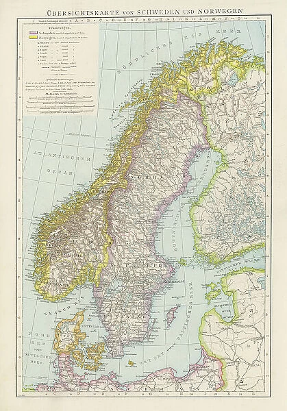 Old chromolithograph map of Norway and Sweden (Scandinavia)