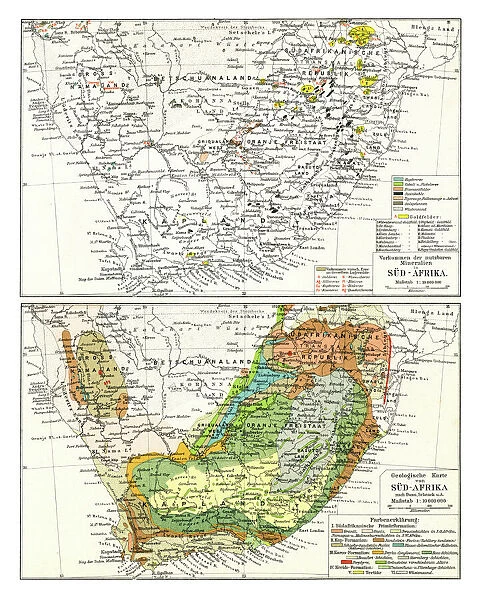 Old chromolithograph map of occurrences of exploitable minerals and geological map in south africa
