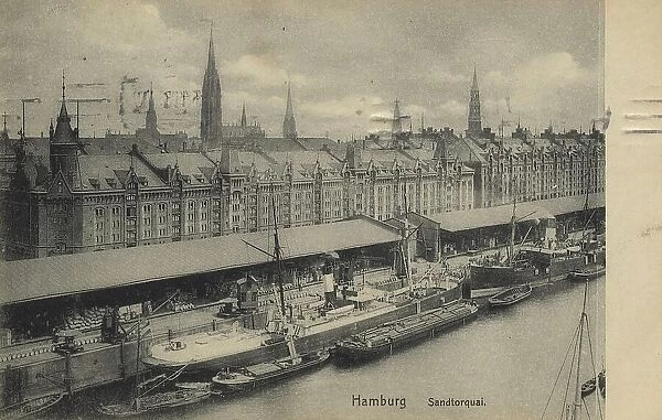 Sandtorquai, Hamburg, Germany, postcard with text, view around ca 1910, historical, digital reproduction of a historical postcard, public domain, from that time, exact date unknown