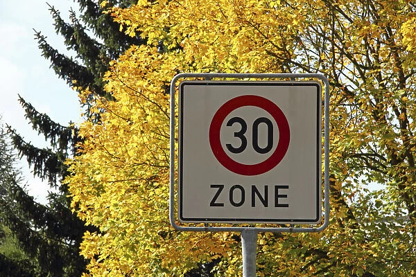 Sign, 30km  /  h tempo limit zone, autumn, city district of Mittelberg, Stadt Biberach, Upper Swabia, Baden-Wuerttemberg, Germany, Europe