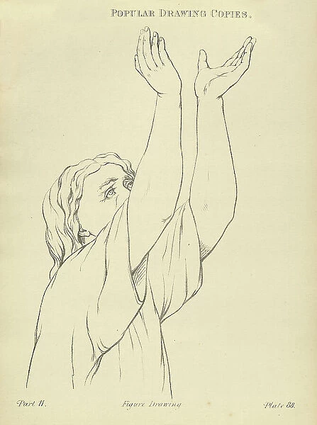 Sketching and drawing the human arms raised, catching, Victorian art figure drawing copies 19th Century